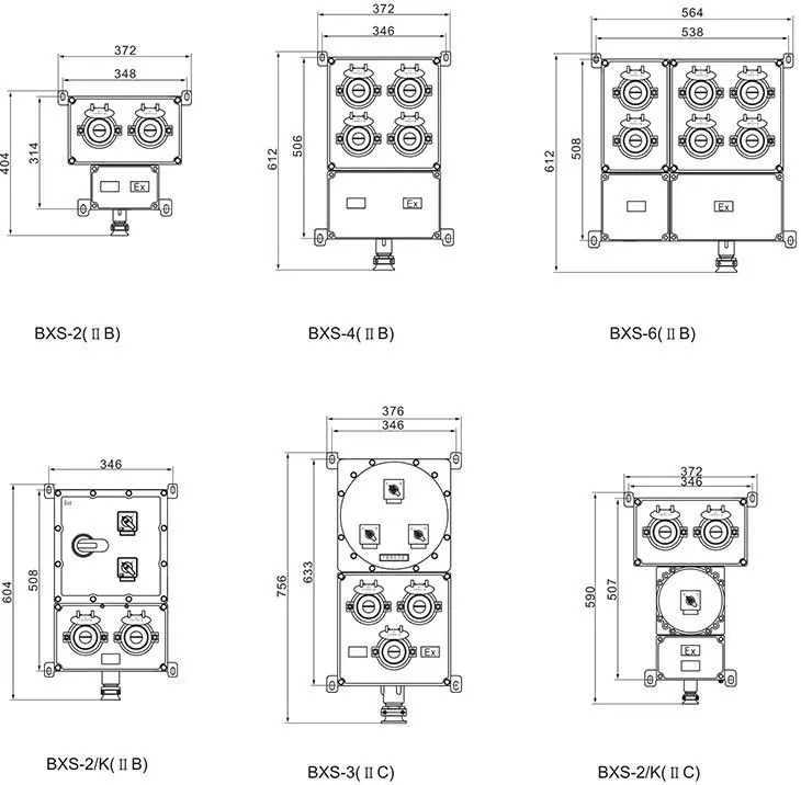 BXS系列防爆檢修電源插座箱外形及安裝尺寸